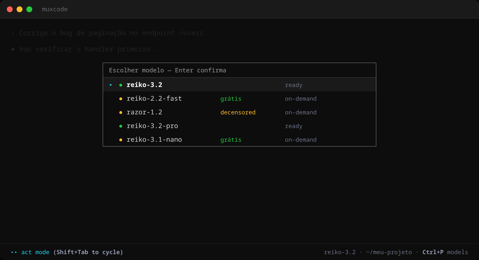 MuxCode CLI — seletor de modelos (Ctrl+P)